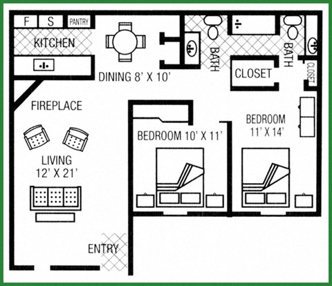 Floor plan for 2 beds, 1.5 baths, 925 sqft